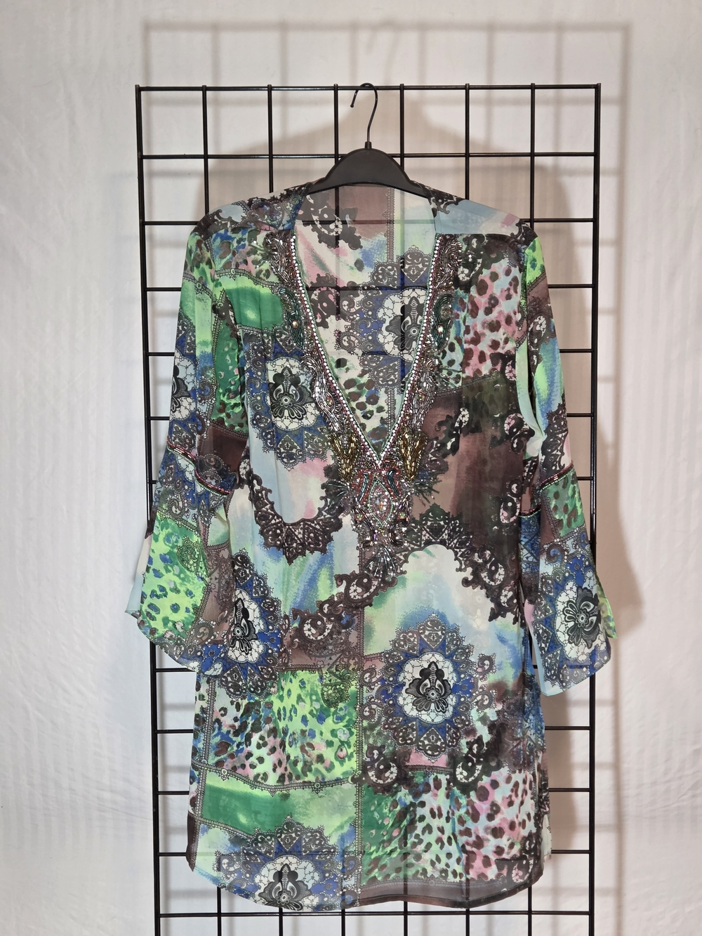 Beaded V-Neck Sheer Patchwork Tunic - Green Multi